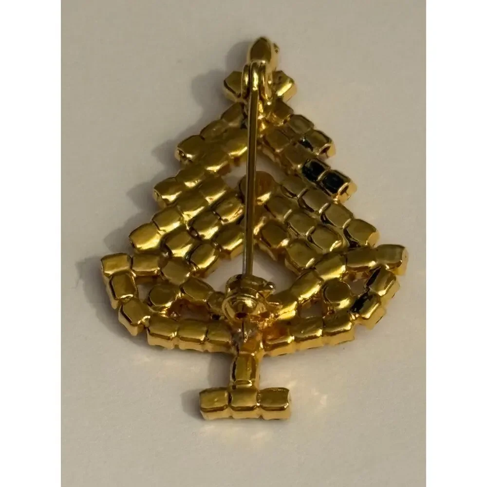 Vintage Rhinestone Christmas Tree Brooch Gold Tone 2”